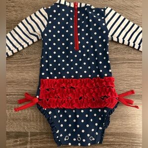 Rufflebutts Navy Polka Dot Swimsuit with Red Ruffles